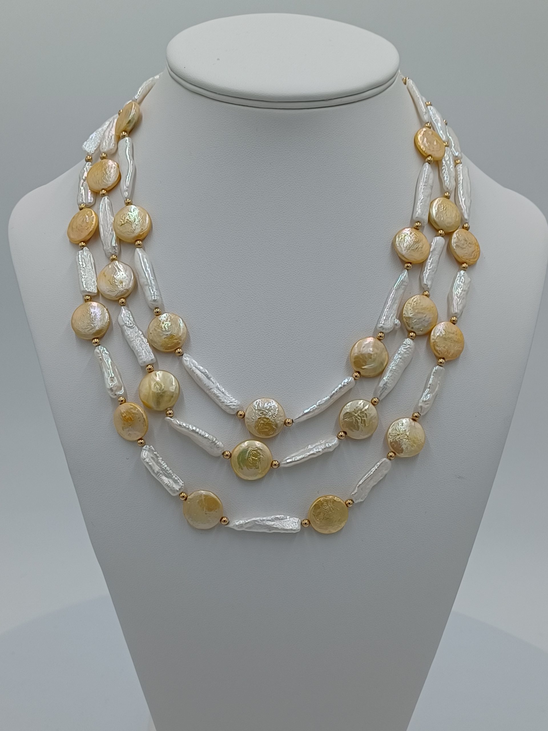 Lauren Triple Strand White Biwa & Yellow Coin Pearl Necklace