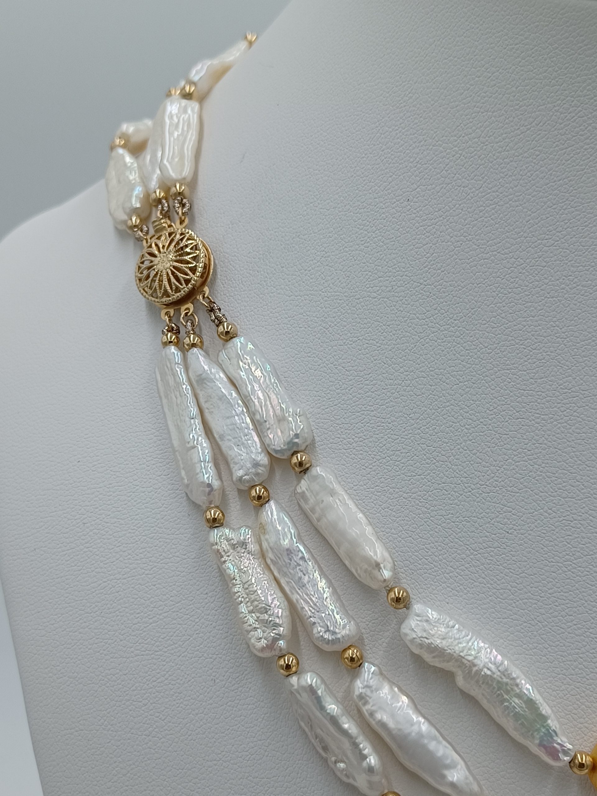 Lauren Triple Strand White Biwa & Yellow Coin Pearl Necklace - Image 6