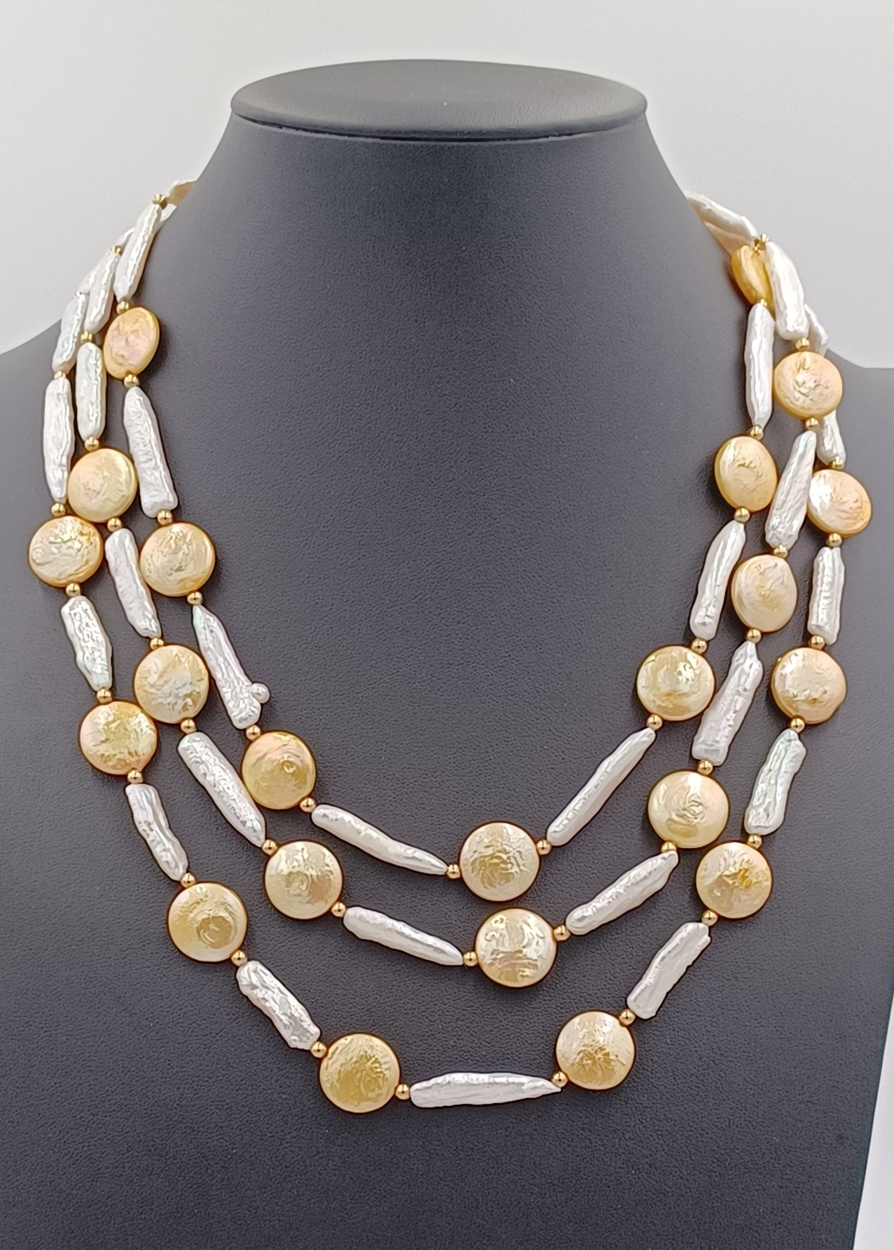 Lauren Triple Strand White Biwa & Yellow Coin Pearl Necklace - Image 4