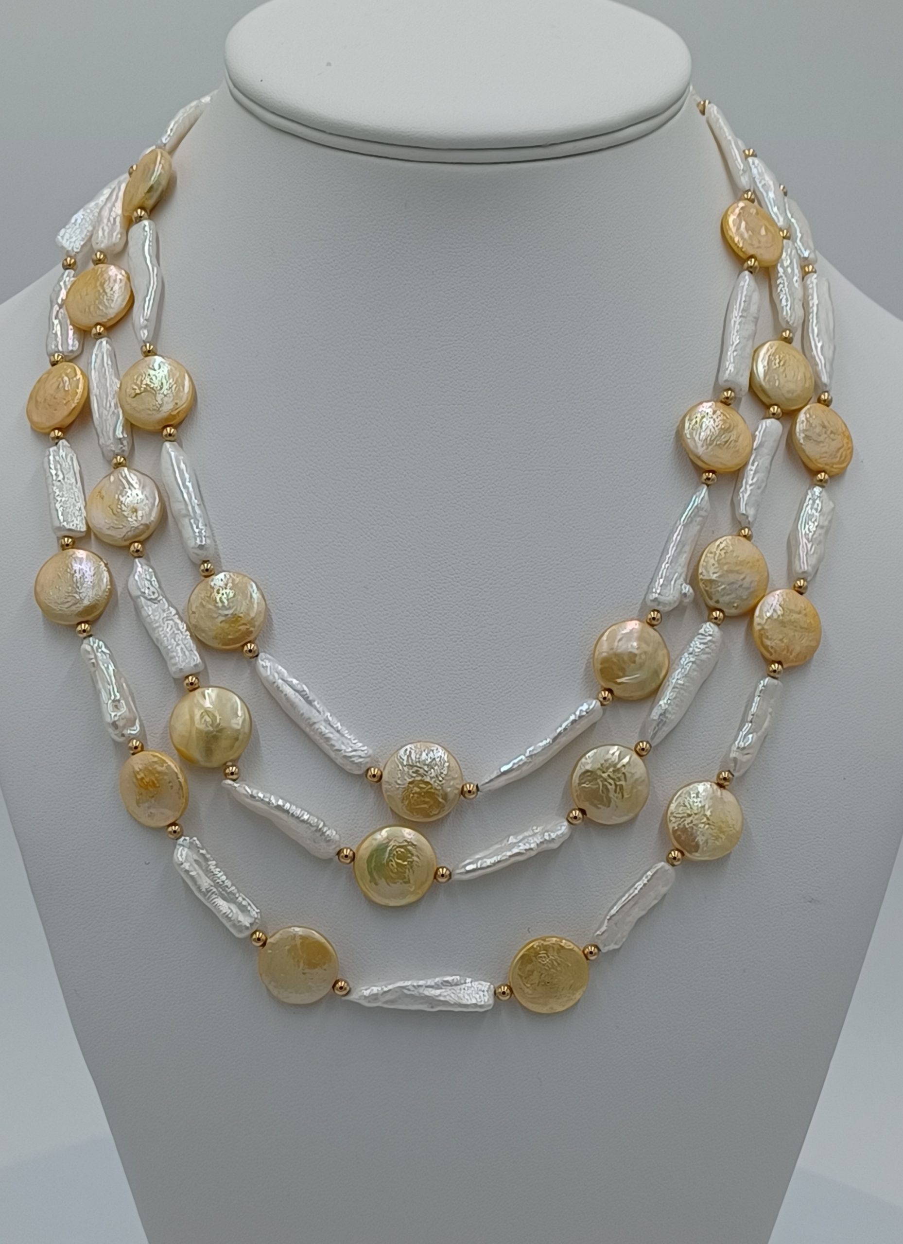 Lauren Triple Strand White Biwa & Yellow Coin Pearl Necklace - Image 7