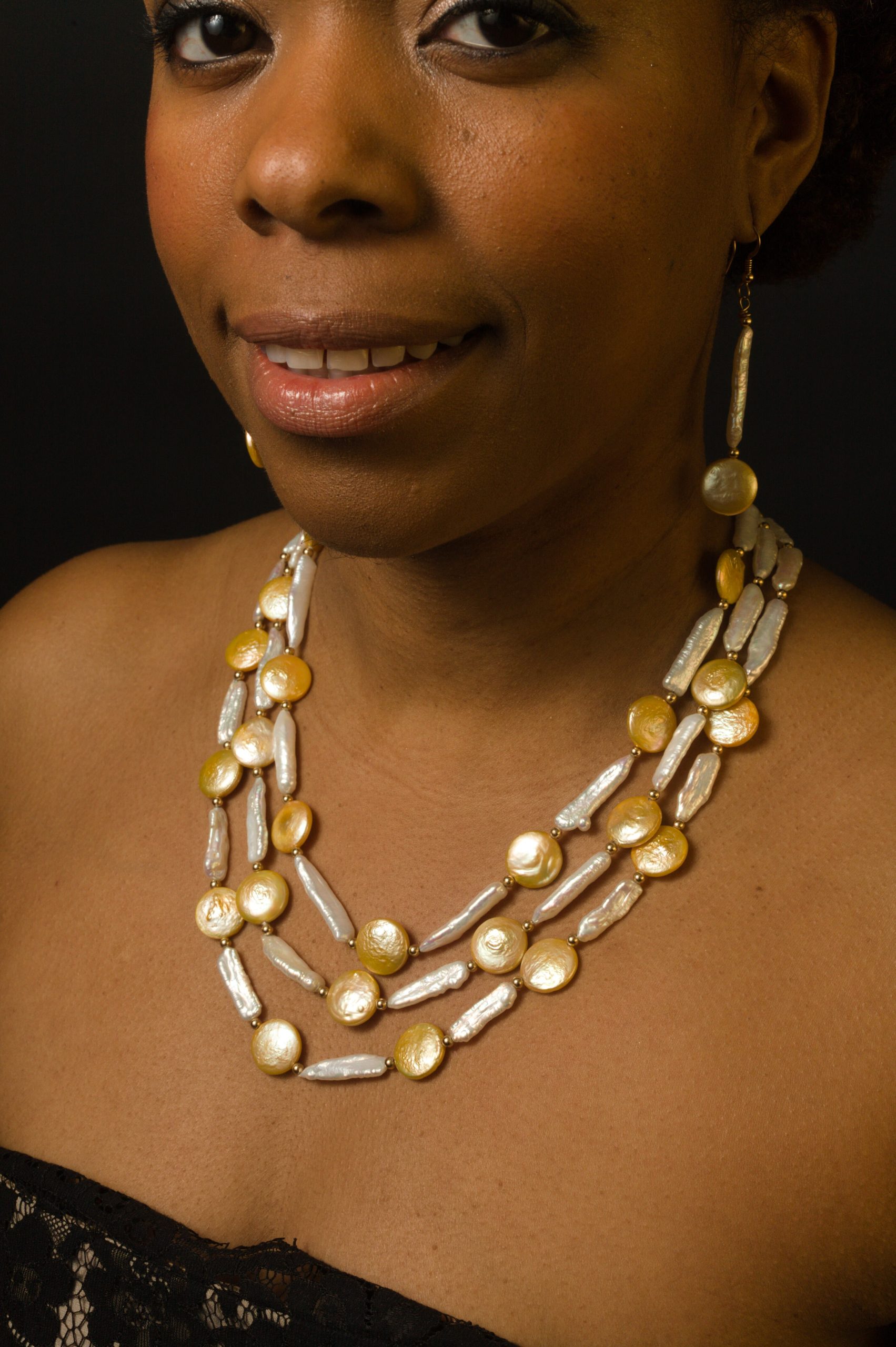 Lauren Triple Strand White Biwa & Yellow Coin Pearl Necklace - Image 8